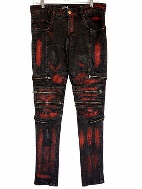 Refuel Black Red Moto Biker Jeans 36x32 Distressed Zip Streetwear Y2K Punk